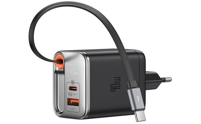 Mcdodo CH-4281 40W GAN USB C Retractable Cable Fast Portable Charger, PD 3.0 Power Adapter Compatible For Tablets, Game Consoles, Speakers, Cellular Phones, Headphones, Smartwatches, Laptops - Black